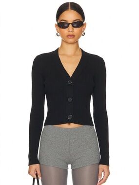 AQUA Black Ribbed V-Neck Button Cardigan Size Small